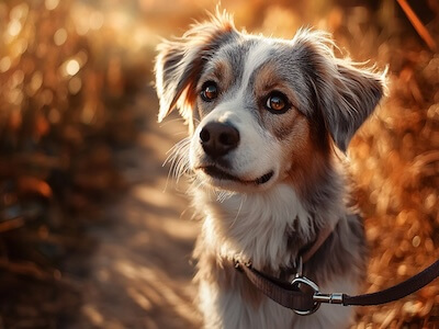 Happy dog on a trail walk