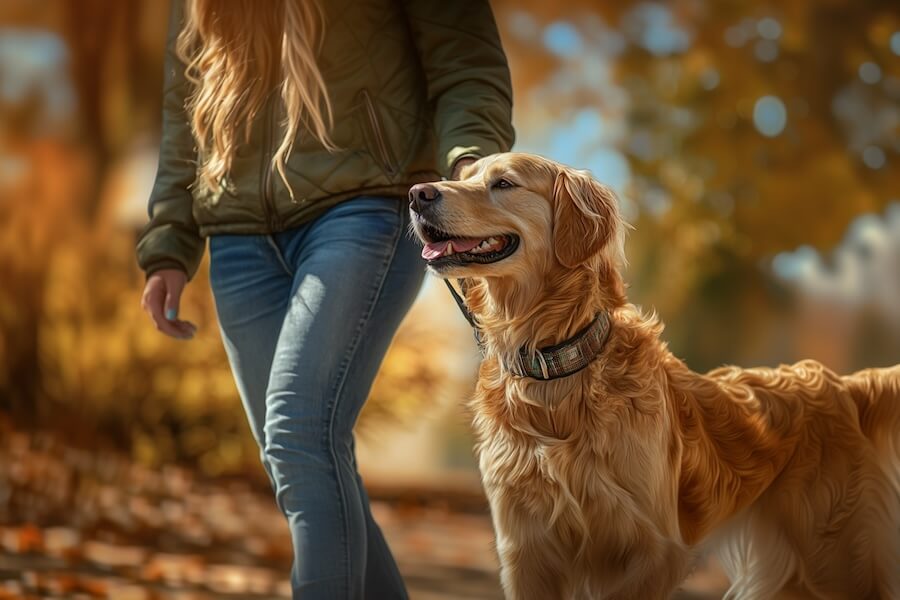 Professional dog walker with happy dog